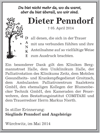 Traueranzeige von Dieter Penndorf von Super Sonntag Zeitz
