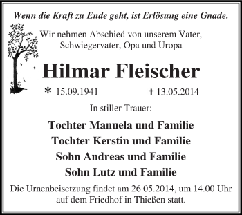 Traueranzeige von Hilmar Fleischer von WVG - Wochenspiegel Dessau / Köthen