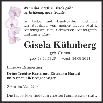 Traueranzeige von Gisela Kühnberg von Super Sonntag Zeitz