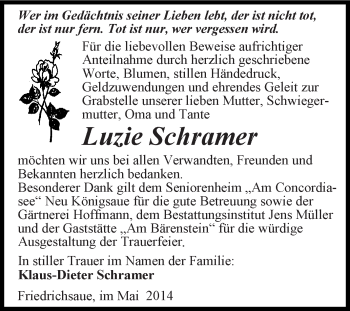 Traueranzeige von Luzie Schramer von Super Sonntag Aschersleben