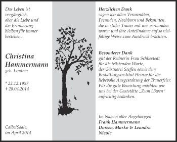 Traueranzeige von Christina Hammermann von Super Sonntag Bernburg