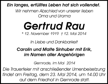 Traueranzeige von Gertrud Rau von WVG - Wochenspiegel Quedlinburg