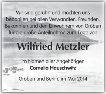 Traueranzeige von Wilfried Metzler von WVG - Wochenspiegel NMB / WSF / ZTZ