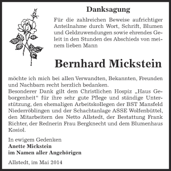 Traueranzeige von Bernhard Mickstein von Super Sonntag SGH Mansf. Land