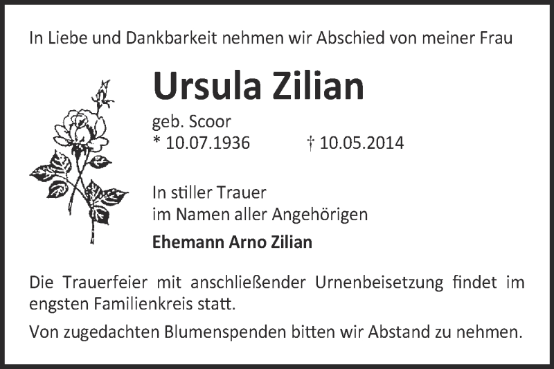  Traueranzeige für Ursula Zilian vom 21.05.2014 aus Super Sonntag Halle