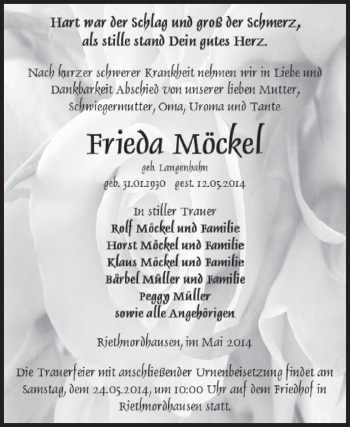Traueranzeige von Frieda Möckel von Super Sonntag SGH Mansf. Land