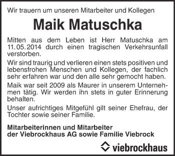 Traueranzeige von Maik Matuschka von Super Sonntag Merseburg