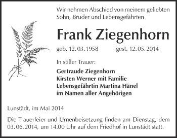 Traueranzeige von Frank Ziegenhorn von WVG - Wochenspiegel Merseburg