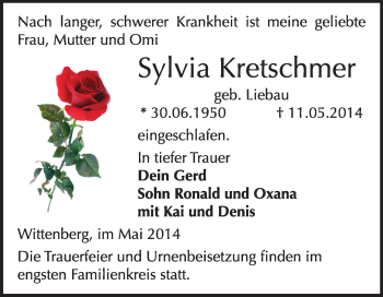Traueranzeige von Sylvia Kretschmer von WVG - Wochenspiegel Wittenberg