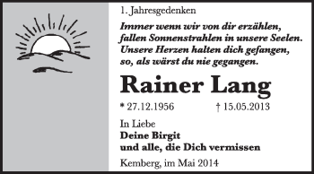 Traueranzeige von Rainer Lang von Super Sonntag Wittenberg