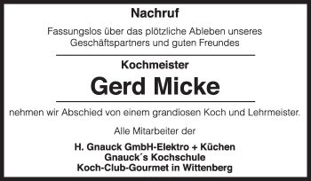 Traueranzeige von Gerd Micke von Super Sonntag Wittenberg