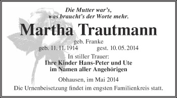 Traueranzeige von Martha Trautmann von WVG - Wochenspiegel Merseburg