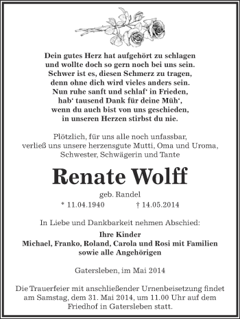 Traueranzeige von Renate Wolff von Super Sonntag Aschersleben