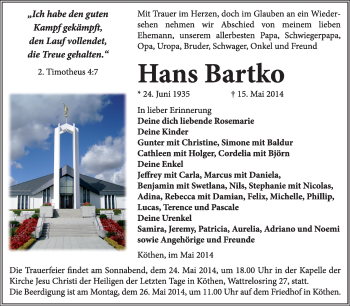 Traueranzeige von Hans Bartko von Super Sonntag Dessau / Köthen