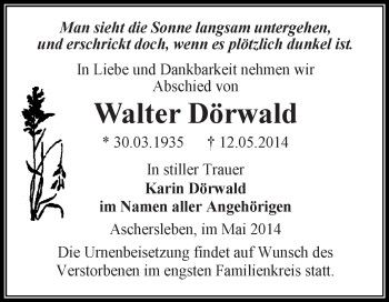 Traueranzeige von Walter Dörwald von WVG - Wochenspiegel Aschersleben