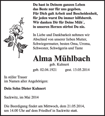 Traueranzeige von Alma Mühlbach von WVG - Wochenspiegel Wittenberg