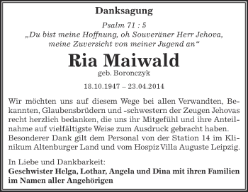 Traueranzeige von Ria Maiwald von Super Sonntag Zeitz