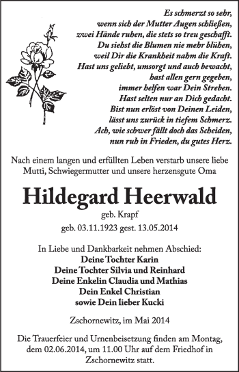 Traueranzeige von Hildegard Heerwald von WVG - Wochenspiegel Wittenberg