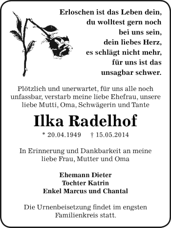 Traueranzeige von Ilka Radlelhof von WVG - Wochenspiegel Dessau / Köthen