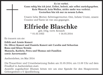 Traueranzeige von Elfriede Blaschke von WVG - Wochenspiegel Aschersleben