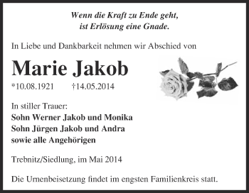 Traueranzeige von Marie Jakob von WVG - Wochenspiegel NMB / WSF / ZTZ