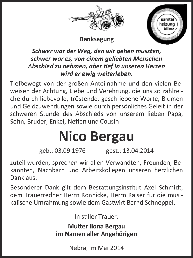  Traueranzeige für Nico Bergau vom 21.05.2014 aus WVG - Wochenspiegel NMB / WSF / ZTZ