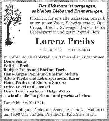 Traueranzeige von Lorenz Preihs von Wochenspiegel Mansfelder Land
