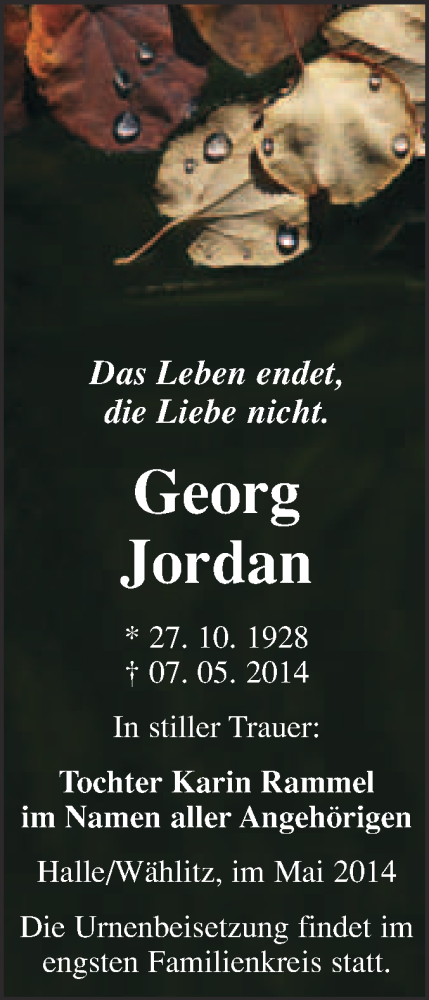  Traueranzeige für Georg Jordan vom 21.05.2014 aus WVG - Wochenspiegel NMB / WSF / ZTZ
