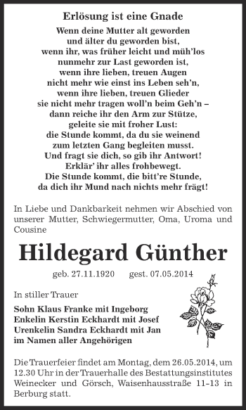 Traueranzeige von Hildegard Günther von WVG - Wochenspiegel Bernburg