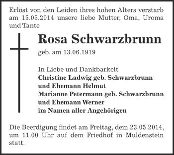 Traueranzeige von Rosa Schwarzbrunn von WVG - Wochenspiegel Bitterfeld