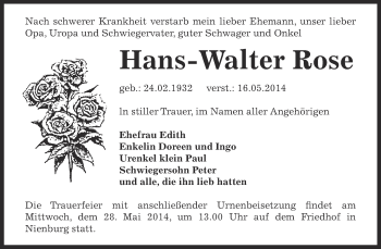 Traueranzeige von Hans-Walter Rose von Super Sonntag Bernburg