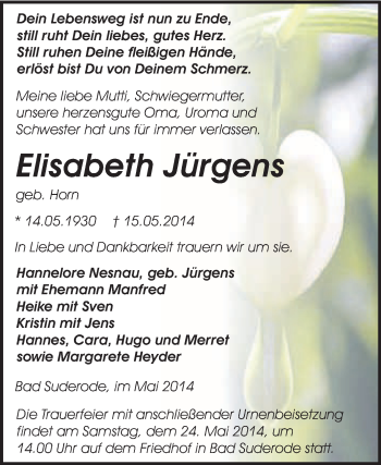 Traueranzeige von Elisabeth Jürgens von WVG - Wochenspiegel Quedlinburg