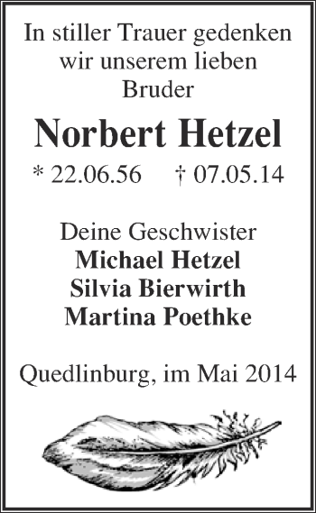 Traueranzeige von Norbert Hetzel von WVG - Wochenspiegel Quedlinburg
