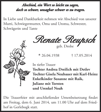 Traueranzeige von Renate Reupsch von Super Sonntag Bernburg