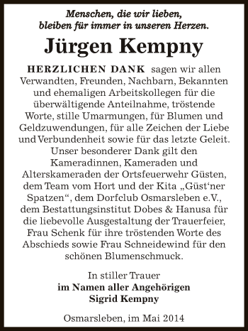 Traueranzeige von Jürgen Kempny von Super Sonntag Bernburg