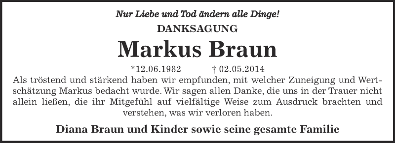  Traueranzeige für Markus Braun vom 21.05.2014 aus WVG - Wochenspiegel Aschersleben