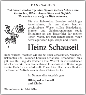 Traueranzeige von Heinz Schauseil von WVG - Wochenspiegel Merseburg