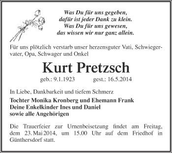 Traueranzeige von Kurt Pretzsch von Super Sonntag Merseburg