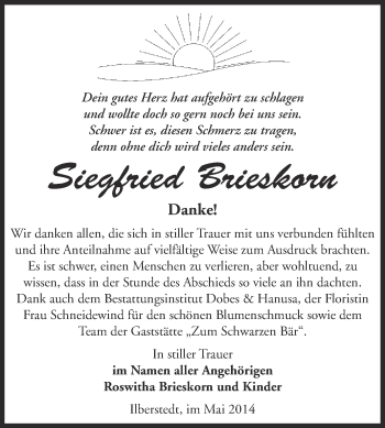 Traueranzeige von Siegfried Brieskorn von Super Sonntag Bernburg