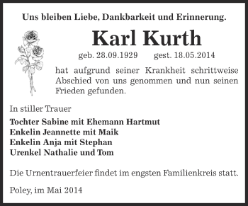 Traueranzeige von Karl Kurth von Super Sonntag Bernburg