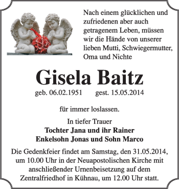 Traueranzeige von Gisela Baitz von Super Sonntag Dessau / Köthen