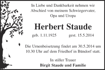 Traueranzeige von Herbert Staude von WVG - Wochenspiegel Merseburg