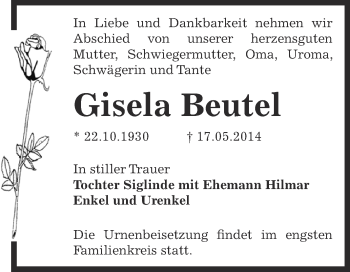 Traueranzeige von Gisela Beutel von Super Sonntag Bernburg