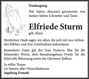 Traueranzeige von Elfriede Sturm von Super Sonntag Dessau / Köthen