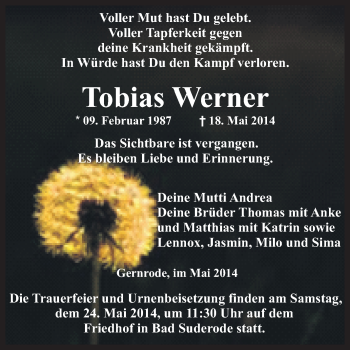Traueranzeige von Tobias Werner von WVG - Wochenspiegel Quedlinburg