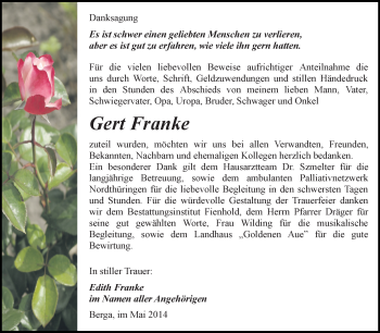 Traueranzeige von Gert Franke von WVG - Wochenspiegel SGH