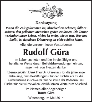 Traueranzeige von Rudolf Güra von WVG - Wochenspiegel Wittenberg