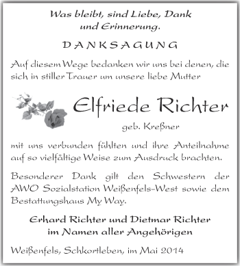 Traueranzeige von Elfriede Richter von Super Sonntag Merseburg