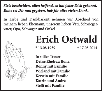 Traueranzeige von Erich Ostwald von Super Sonntag Dessau / Köthen