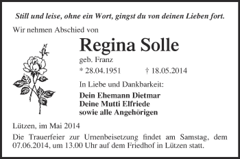 Traueranzeige von Regina Solle von Super Sonntag Merseburg